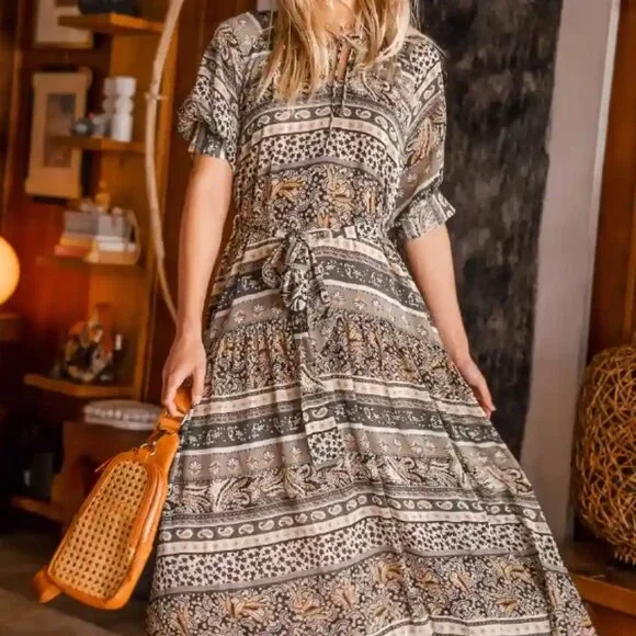 bohme | Dresses | Nwt Amara Bohme Olive Maxi Dress W Floral Paisley  Patterns Womens Size S | Poshmark